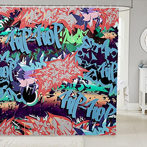 Loussiesd Hip Hop Dekor Duschvorhang 180x180cm Jugendliche Hippie Straßenkultur für Kinder Jugendliche Junger Mann Graffiti Muster Duschvorhang Textil Grunge Kunst Tuch Stoff Vorhang von Loussiesd