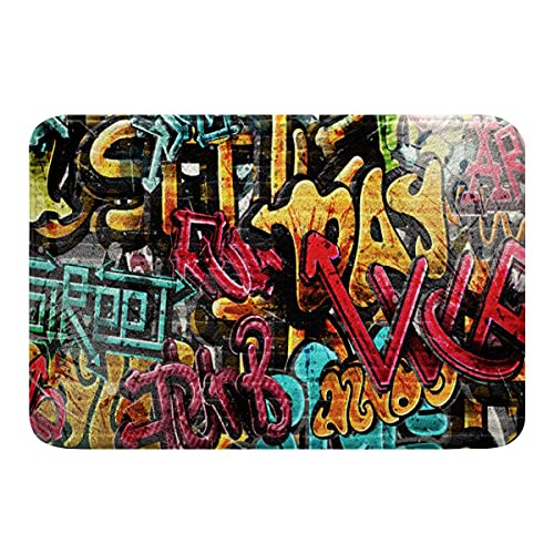 Loussiesd Hippie Graffiti Badezimmerteppich Waschbar Hip Hop Straßenkultur Badteppiche 50x80 cm Wohnzimmer Weiches Fleece Wand Kunst Badvorleger Graffiti Muster Badematten Nicht ausrutschen von Loussiesd