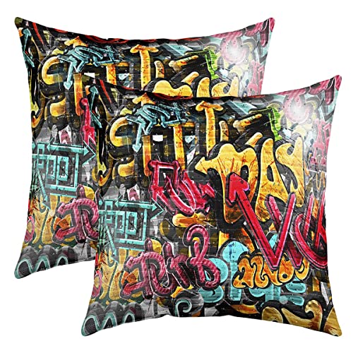 Loussiesd Hippie Graffiti Style Kissenbezüge 40x40cm für Couch Schlafsofa 2er Set Kissenbezüge Hip Hop Dekor Dekorative Sofakissen Couchküssen Kissenhülle Graffiti Graphic Kissenbezug von Loussiesd