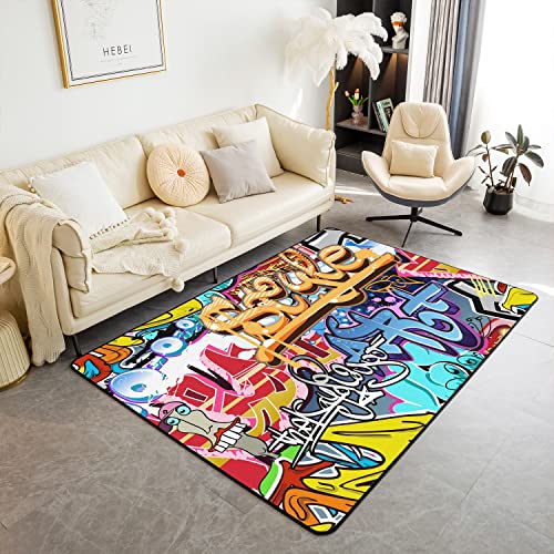 Loussiesd Hippie-Graffiti-Teppich, 100 x 150 cm, Hip-Hop-Dekoration, Teppich, Matte für Wohnzimmer, Schlafzimmer, dekorativer Graffiti-Teppich, rutschfester Straßenkulturbereich, Läufer von Loussiesd