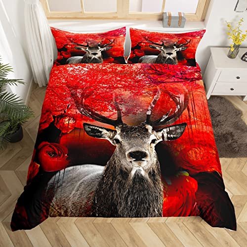 Loussiesd Hirsch Bettwäsche Tiere 135x200cm Bettwäsche Jugendliche Jugend Hirsch Blume Wald Motiv Bettbezug Set Jungen Kinder Mädchen Schlafzimmer Dekor Bettwäsche Braun Rot Bettwäsche Mikrofaser von Loussiesd