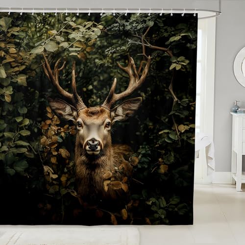 Loussiesd Hirsch Duschvorhang 180x200cm Zweige Duschvorhang Textil für Badezimmer Stände Badewannen Jugendliche Fall Duschvorhang Blätter Wasserfest Duschvorhang Badezimmer Dekor Drab Duschvorhang von Loussiesd