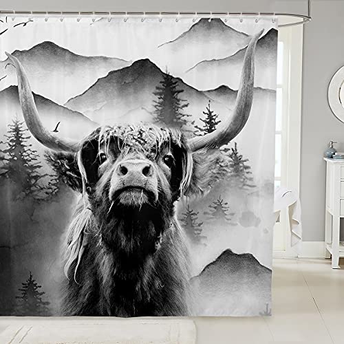 Loussiesd Hochland Kuh mit Haken Western Stier Rinder Duschvorhang 180x180cm für Jungen Bauernhaustiere Duschvorhang Textil Nebel Berg Bäume Natur Wasserdichtes Gewebe Badezimmer Dekor, Mehrfarbig 40 von Loussiesd