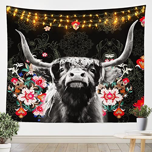 Loussiesd Hochlandkuh Wandteppich 130x150cm Stier Vieh Fleece Tapisserie Rinderfell Wandbehang für Jungen Mädchen Kinder Jugendliche Schlafzimmer Dekor Blumen Wandtuch von Loussiesd