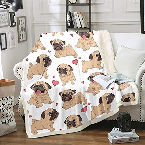 Loussiesd Hündchen Decke 130x150cm Karikatur Mops Hund Druck Kuscheldecke für Kinder Mädchen 3D Tier Thema Wohndecke Nette Mops Hund Flanell Fleecedecke von Loussiesd