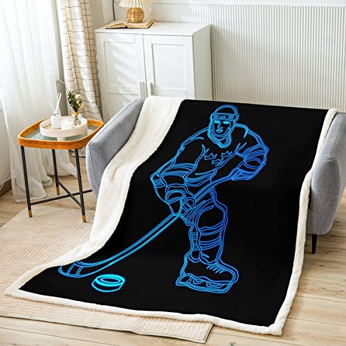 Loussiesd Ice Sports Spiele Wohndecke Eishockey Blau Neon Kuscheldecke Hockey Spieler Decke 75x100cm für Sofa Mikrofaser Puck Hockey Wintersport Wohndecke Schlafzimmer Dekor Flanell Fleecedecke von Loussiesd