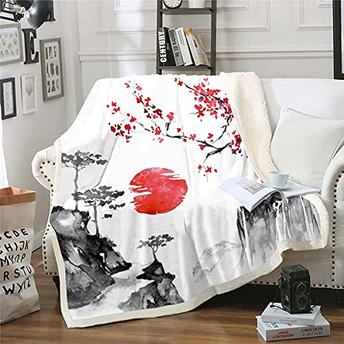 Loussiesd Japanische Ukiyoe Decke 130x150cm Kirschblüten Rote Sonne Kuscheldecke für Kinder Jungen Mädchen Tinte Japanischen Stil Wohndecke Exotischer Stil Dekor Flanell Fleecedecke von Loussiesd