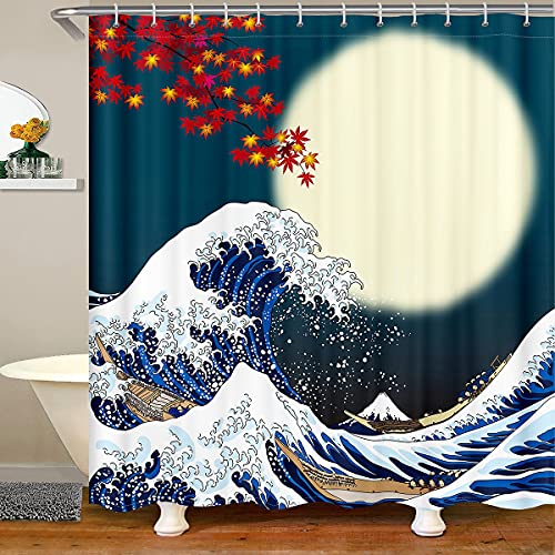 Loussiesd Japanisches Hokusai Muster Wasserdichtes Exotisches Duschvorhang Textil im japanischen Stil Blau Welle Muster Duschvorhang 180x180cm für Kinder Frauen Erwachsene Fuji Berg Gedruckt von Loussiesd