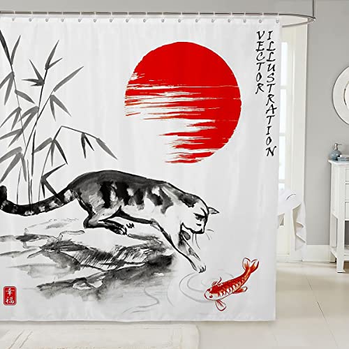 Loussiesd Japanisches Ukiyoe Mit 12 Haken Japanische Katze Koi Duschvorhang Textil Duschvorhang 180x200cm für Kinder Jungen Mädchen Tinte Bambus Sonne Exotischer Stil Aquarell von Loussiesd