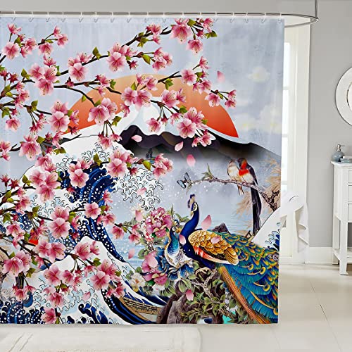 Loussiesd Japanisches Ukiyoe Thema Duschvorhang 180x180cm für Hokusai Muster Badezimmer Stoff Pfau Blumen Japanischer Stil Duschvorhang Textil Stände Badewannen Dekor Wasserdicht von Loussiesd