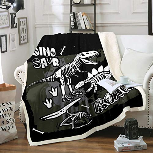 Loussiesd Jungen Dinosaurier Sch?del Flanell Fleecedecke Dschungeltiere Muster Kuscheldecke Dino Skelett Design Dekor Wohndecke 150x200cm Schwarz Wei? Gotische Knochen Decke von Loussiesd