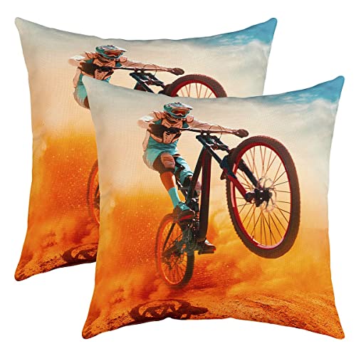 Loussiesd Jungen Fahrradfahrer Dekokissen 50x50cm für Sofa Schlafzimmer Mountainbike Muster Kissenbezüge Extreme Sport Thema Kissenhülle Raumdekor Cool Stil Quadrat Wurf Kissenbezüge Set von Loussiesd