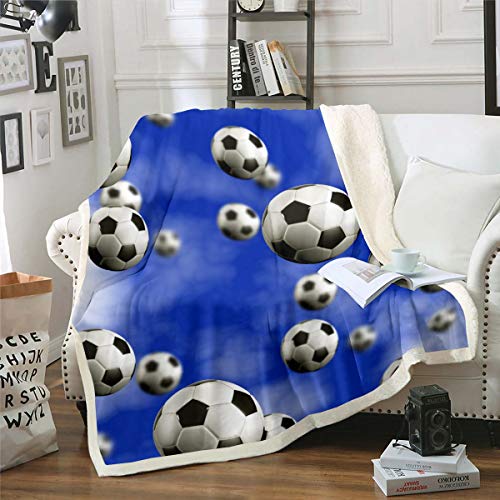 Loussiesd Jungen Fußball gedruckt Wohndecke Sportthema Kuscheldecke Schwarz Weiß Fußball Muster Flanell Fleecedecke 150x200cm Mikrofaser Blau Wettkampfspiele von Loussiesd