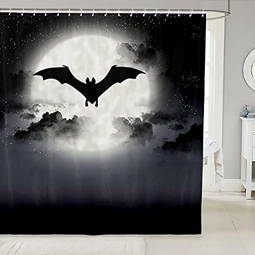 Loussiesd Jungen HalLöween Duschvorhang 180x180cm Schwarz Fledermaus Stoff Duschvorhang Textil Dekor Fliegende Fledermäuse Silhouette Wasserdicht Zubehör mit 12 Haken Kinder Jugend Weiß Grau Schwarz von Loussiesd