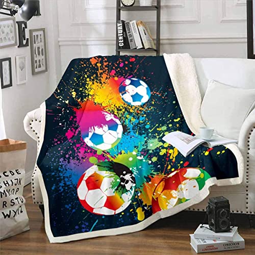 Loussiesd Jungen Plüsch Decke 75x100cm Kinder Sport Themen Kuscheldecke Fußball Sherpa Decke Teens Fußball Spiele Fuzzy Decke für Schlafsofa, Ultra weiches Raumdekor Farbspritztinte Wohndecke von Loussiesd