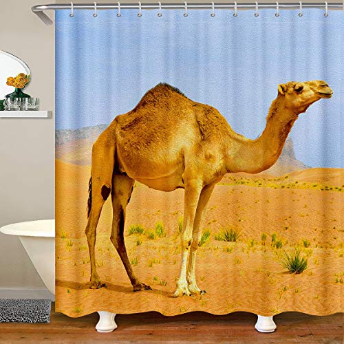 Loussiesd Kamel Duschvorhang 180x200cm Niedlicher Kaktus Badezimmer Wasserdicht Duschvorhang Textil Kinder Jungen Mädchen Safari Wildtier Dekor Zubehör mit Haken Wüste WildLeben Vorhänge von Loussiesd