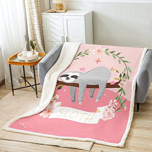 Loussiesd Karikatur Faultier Decke 150x200cm Mädchen Blumen Faultier Rosa Kuscheldecke für Sofa Blumen Faultier Wohndecke Kawaii Tier Schlafzimmer Dekor Flanell Fleecedecke von Loussiesd