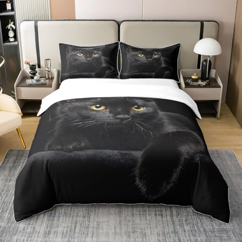 Loussiesd Katze Haustier Katzen Muster Bettwäsche Set 135x200cm 100% Baumwolle Nettes Kätzchen Bettbezug Set für Kinder Leicht Betten Set Geheimnisvoll Schwarze Katze Dekor von Loussiesd