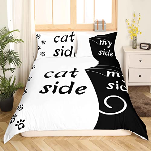 Loussiesd Katze und Meine Seite drucken Bettwäsche Set Paar Bettbezug Set Schwarzer weißer Katze Muster Bettwäsche 135x200 cm Romantisches Thema Betten Set von Loussiesd