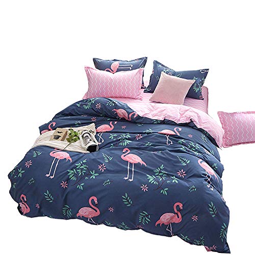 Loussiesd Kinder Betten Set Rosa Flamingo Bettwäsche Set Weiche Microfaser Reversible Blau und Rosa Blumen Flamingo Bettbezug mit 1 Kissenbezug 2 teilig 135x200 cm + 80x80 cm Jungen Mädchen von Loussiesd