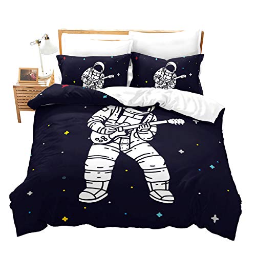 Loussiesd Kinder Bettwäsche Set 3D Cartoon Bettbezug Set für Jungen Mädchen Astronaut Gitarre Sterne Microfaser Betten Set inkl.1 Bettbezug 135x200 cm und 1 Kissenbezüge 80x80 cm von Loussiesd