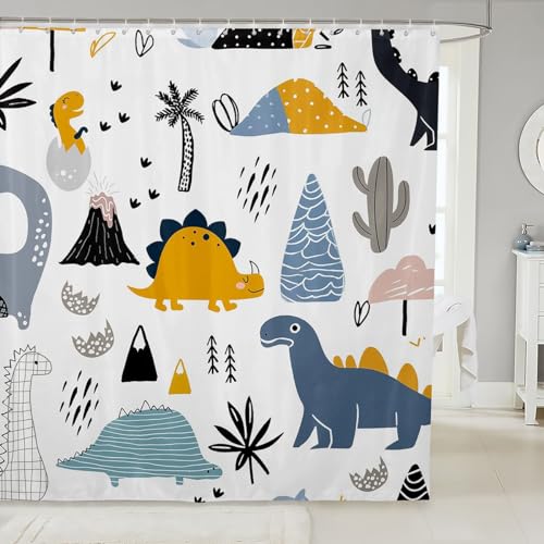 Loussiesd Kinder Dinosaurier Duschvorhang 180x200cm Süß Karikatur Dino Badezimmer Wasserdicht Duschvorhang Textil Jungen Mädchen Dschungel Palme Tiere Zubehör mit Haken Schöne Dekor Vorhänge von Loussiesd