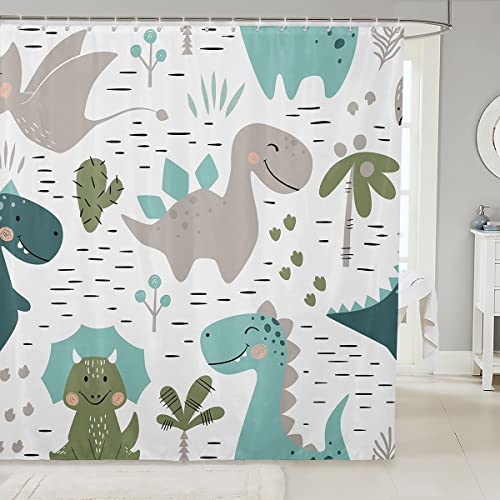 Loussiesd Kinder Dinosaurier Duschvorhang 180x210cm Karikatur Dinos Kaktus Duschvorhang Textil für Mädchen Jugendliche Jungen Blätter Zweige Süße Tiere von Loussiesd