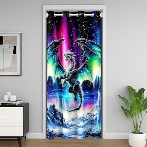 Loussiesd Kinder Dragon Türvorhang 106x203cm Monster Animal Vorhang für Kinder Mädchen Jungs Outer Space Galaxy Northern Light Isolierter Wärmevorhang Flying Dragon Pattern Zimmer Divider von Loussiesd