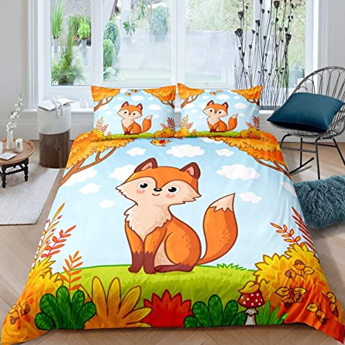 Loussiesd Kinder Fuchs Bettwäsche Mädchen Cartoon Fuchs Druck Bettwäsche Set Schöne Tier Thema Bettbezug Set 135x200cm für Kinder GelBär Baum Herbst Natur Dekor Betten Set von Loussiesd