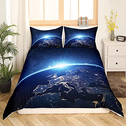 Loussiesd Kinder Jungen Erde Bettw?sche 155x220cm Planet Weltraum Bettbezug Set Dunkelblau Galaxis Erde Bettw?sche Set Jugendliche Teens Blauer Planet Bettw?sche Set mit 1 Kissenbezug 80x80cm von Loussiesd