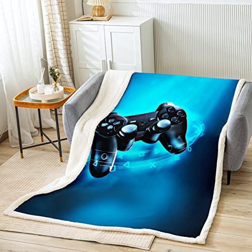 Loussiesd Kinder Jungen Wohndecke Gamepad drucken Kuscheldecke Blau Spielthema Flanell Fleecedecke Videospiel Action Buttons 75x100cm für Teens Weißhe Mikrofaser Decke Raumdekoration von Loussiesd