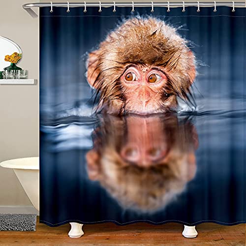 Loussiesd Kinder Karikatur AFFE wasserdichte Jungen Niedliche Indien Makaken Dekor Duschvorhang 180x200cm 3D Braun AFFE Fluss Badezimmer Duschvorhang Textil mit 12 Haken Safari Tier von Loussiesd