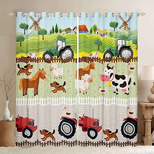 Loussiesd Kinder Karikatur Bauernhof Tiere Fenstervorhang 175x140cm Kleinkind Niedliche Traktoren Vorhänge für Jungen Kinder Bauernhaus Land Blickdichte Vorhänge Bunte Raumdekor Natur Thema von Loussiesd