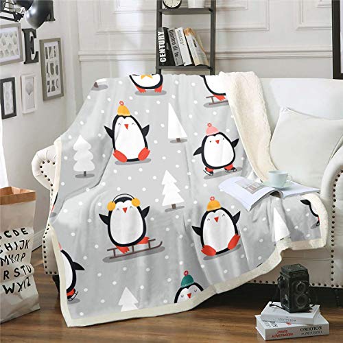 Loussiesd Kinder Karikatur Pinguin Flanell Fleecedecke 220x240cm Nettes Polartier Wohndecke Lustige Pinguine Gedruckte Kuscheldecke für Sofa Polka Dots von Loussiesd