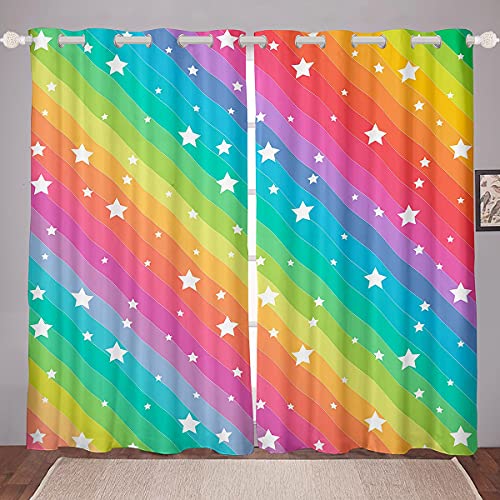 Loussiesd Kinder Mädchen Fenstervorhang 137x117cm Regenbogen Sterne Drucken Kleinkind Frauen Bunt Streifen Blickdichte Vorhänge Farbstreifen Dekorativ Vorhänge Mikrofaser von Loussiesd