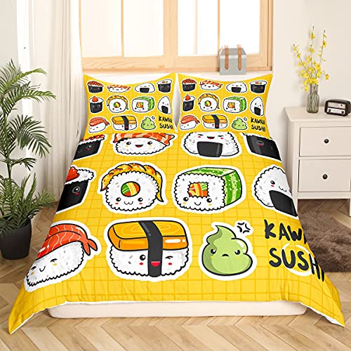 Loussiesd Kinder Nettes Sushi Muster Bettwäsche Set 135x200cm Bettbezug Set im japanischen Stil für Mädchen Cartoon Japanisches Sushi Betten Set Atmungsaktives gelbes Gitter Plaid Dekor von Loussiesd