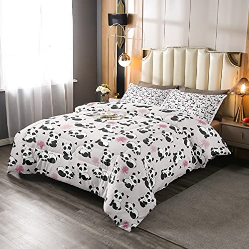 Loussiesd Kinder Niedlich Panda Steppdecke Karikatur Giant Panda Bettdecke 155x220cm für Jungen Mädchen Kinder Schön Panda Bär Steppbett 3D Tiermotiv Lila Blätter Raumdekor von Loussiesd