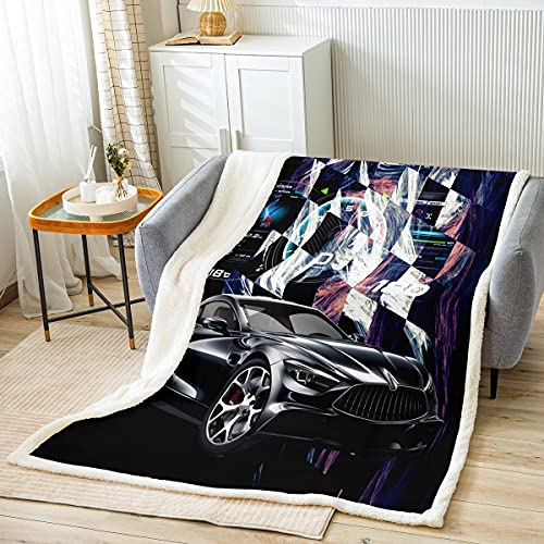 Loussiesd Kinder Rennsportwagen Wohndecke Jungen Männer Extremsport Thema Decke 150x200cm Moderne Automobildekor Kuscheldecke Kariertes Gitter Rennwagen Flanell Fleecedecke Schlafzimmer von Loussiesd