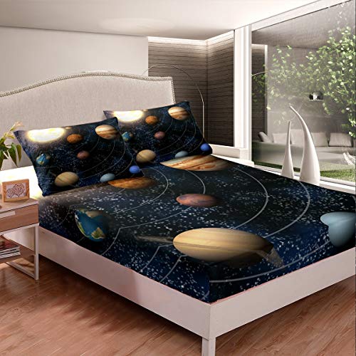 Loussiesd Kinder Spannbettlaken 140x200cm Weltraum Planet Drucken Bettlaken Set Universum Sternenklarer Himmel Muster Spannbetttuch Weiche Mikrofaser mit 1 Kissenbezug 80x80cm für Mädchen Jungen von Loussiesd