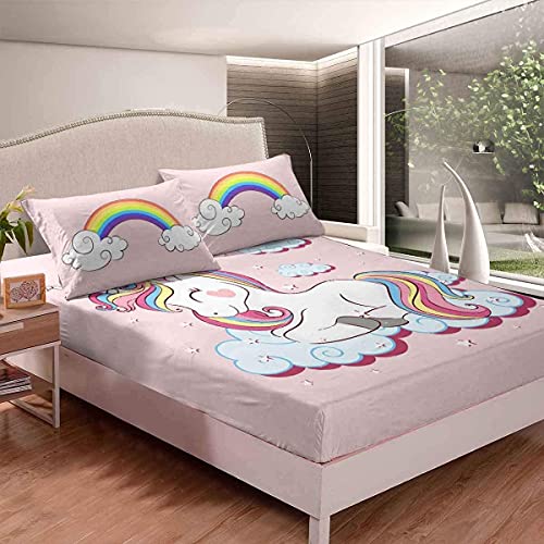 Loussiesd Kinder Spannbettlaken 90x200cm Mädchen Einhorn Rosa Karikatur Einhorn Regenbogen Wolken drucken Bettlaken Set für Jugendliche Frauen Süß Tiere Dekorativ Spannbetttuch Mikrofaser von Loussiesd