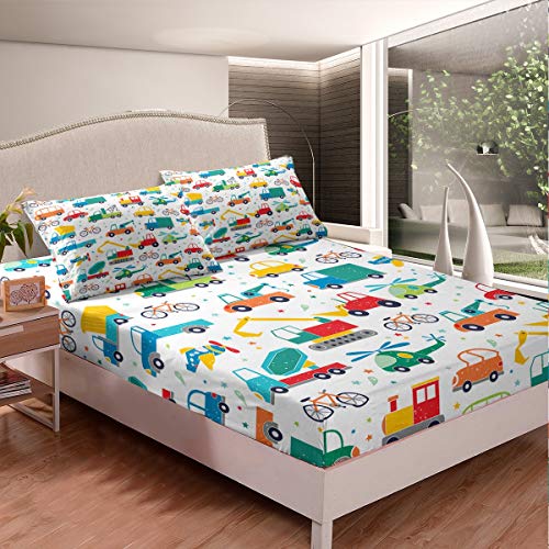 Loussiesd Kinder Spannbetttuch 90x200cm Cartoon Autos Spannbettlaken Flugzeuge Bedrucktes Bettlaken Set für Kinder Jungen Schlafzimmer Dekor Bagger Traktor Maschinen Ultra Soft 2St von Loussiesd