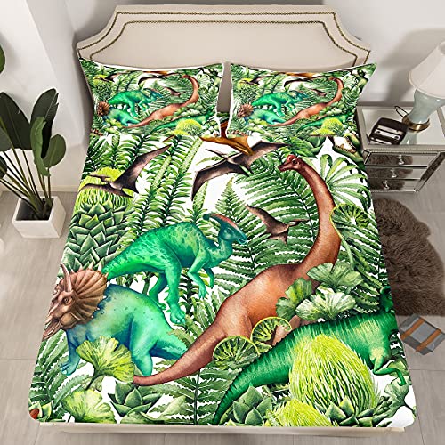 Loussiesd Kinder Spannbetttuch Dinosaurier Muster Bettlaken Set 140x200cm 2 Stück für Jungen Teenager Grüner Dschungel Botanisch Dinosaurier Tiere Spannbettlaken Atmungsaktive von Loussiesd
