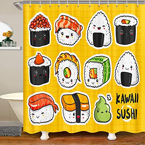 Loussiesd Kinder Süß Sushi Muster Duschvorhang 180x210cm Duschvorhang Textil im japanischen Stil für Mädchen Karikatur Japanese Sushi Wasserdichtes gelbes Gitter Plaid Dekor von Loussiesd