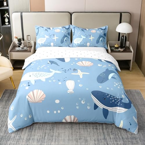 Loussiesd Kinder Wal Baumwolle Bettwäsche Set 155x220cm Jungen Mädchen Fische Bettbezug Set Muscheln Betten Set Unterwasser Welt Meereslebewesen Sealife Bettdeckenbezug von Loussiesd