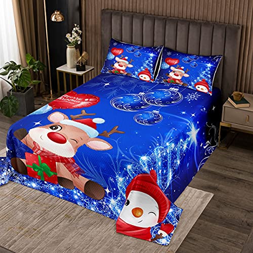 Loussiesd Kinder Weihnachtsbaum Tagesdeck 220x240cm Karikatur Hirsch Schneemann Steppdecke Blau Glitzer Schneeflocke Bettüberwurf Schlafzimmer Schick Nettes Wohndecke von Loussiesd