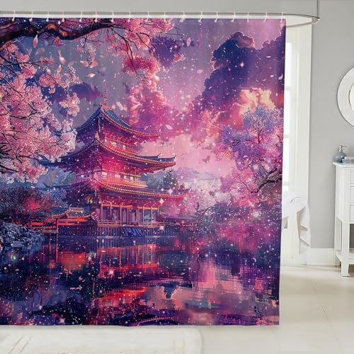 Loussiesd Kirschblüte Duschvorhang 180x180cm für Kinder Jungen Mädchen Japanischer Stil Duschvorhang Textil Romantische Blumenblume Duschvorhang Textil Badezimmer Dekor Duschvorhang von Loussiesd
