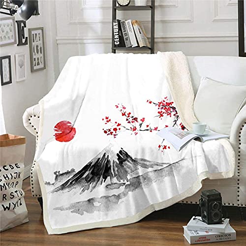 Loussiesd Kirschblüte Kuscheldecke Für Mädchen Frauen Schicke Wohndecke japanischen Stil Schlafzimmer Dekor Exotisch Fuji Berg Decke 150x200cm Natürliche Landschaft Kunst Flanell Fleecedecke von Loussiesd