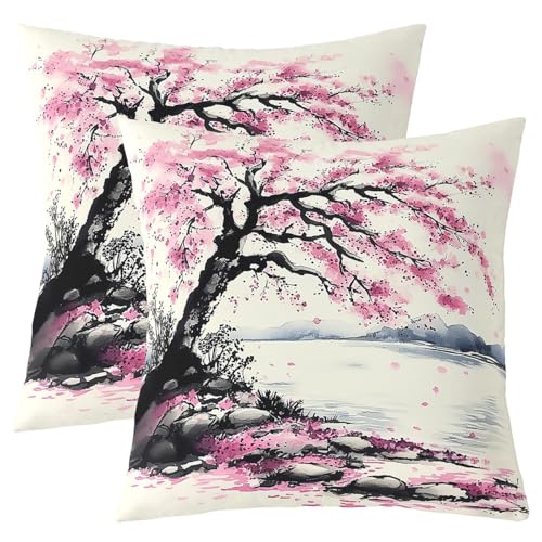 Loussiesd Kirschblüten Kissenbezüge 45x45cm Japanische Ukiyoe Kissenbezug Berge und Wasser Aquarellmalerei Kissenhülle Zen Natürliche Landschaft Kopfkissenbezug Kinder Mädchen Jungen Dekokissen von Loussiesd