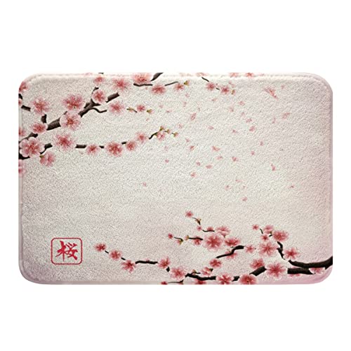 Loussiesd Kirsche Blütes Badteppiche Mädchenhaft Pale Rosa Blüte Petal Badezimmerteppich Badematte 40x60cm für Kinder Mädchen Frauen Wasserfarbe Blumen Japanischer Stil Badvorleger von Loussiesd