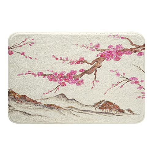 Loussiesd Kirsche Blütes Badteppiche Mädchenhaft Rosa Sakura Badezimmerteppich Badematte 40x60cm für Kinder Mädchen Damen Aquarell Blumen Japanischer Stil Zimmer Badvorleger von Loussiesd